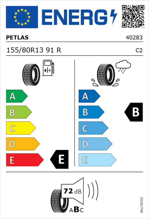 Tyre Label for Petlas Full Power PT825 155/80R13 91R