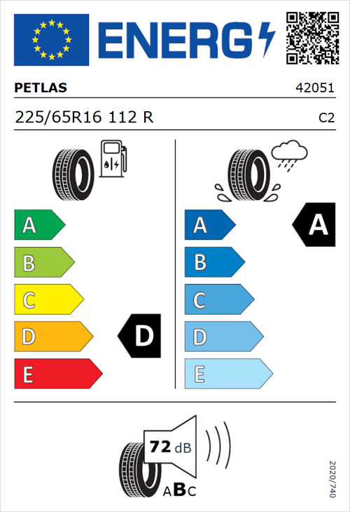 Tyre Label for Petlas Full Power PT825 225/65R16 112R