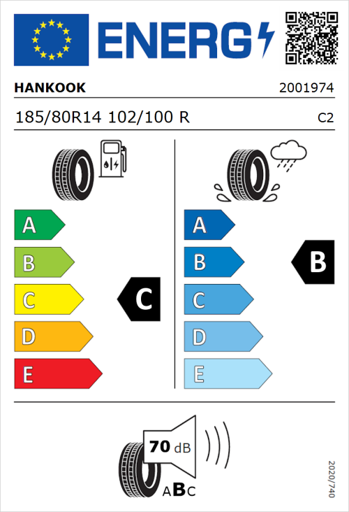 Tyre Label for Hankook Vantra LT RA18 185/80R14 102/100R